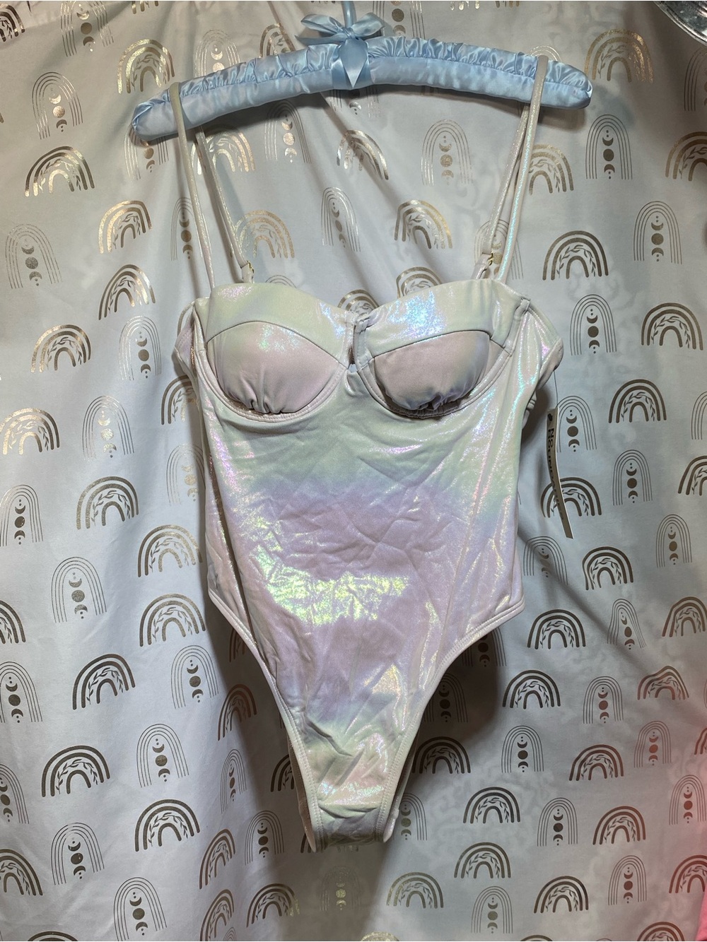 No Boundaries Iridescent Pastel One-Piece Bodysuit in Pearl Pink and Light Blue